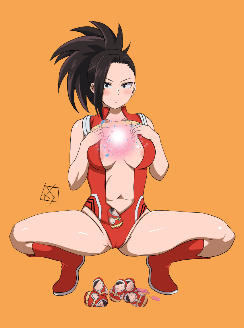 1girl absurdres aldwelter black_eyes boku_no_hero_academia full_body hair_pulled_back highres looking_at_viewer matryoshka_doll navel simple_background solo spread_legs squatting yaoyorozu_momo