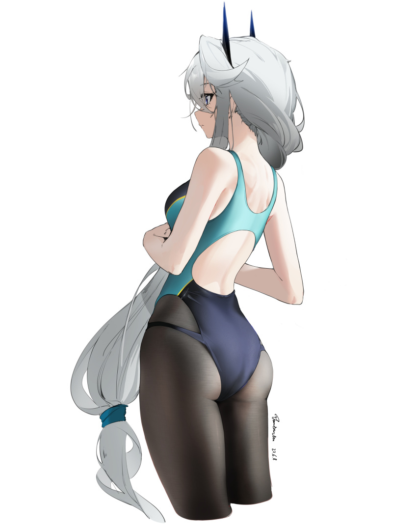 1girl absurdres back bangs black_legwear blue_eyes braid breasts competition_swimsuit grey_hair highres long_hair looking_away mark_jin one-piece_swimsuit original pantyhose pantyhose_under_swimsuit simple_background solo standing swimsuit white_background