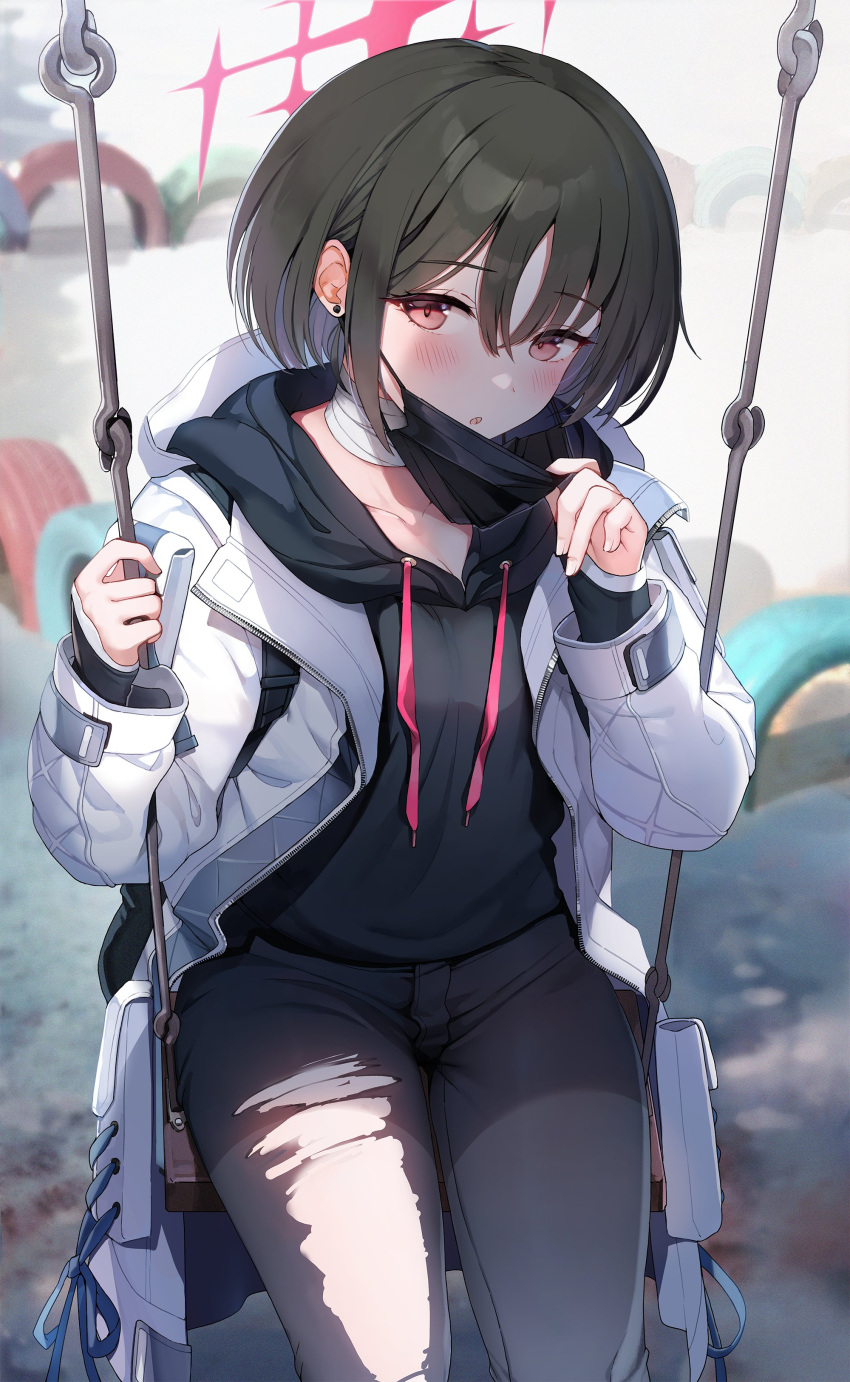 absurdres bandaged_neck bandages black_hair black_hoodie blue_archive earrings highres hood hooded_jacket hoodie jacket jehyun jewelry looking_at_viewer mask misaki_(blue_archive) mouth_mask pants red_eyes short_hair solo stud_earrings surgical_mask torn_clothes torn_legwear torn_pants white_jacket