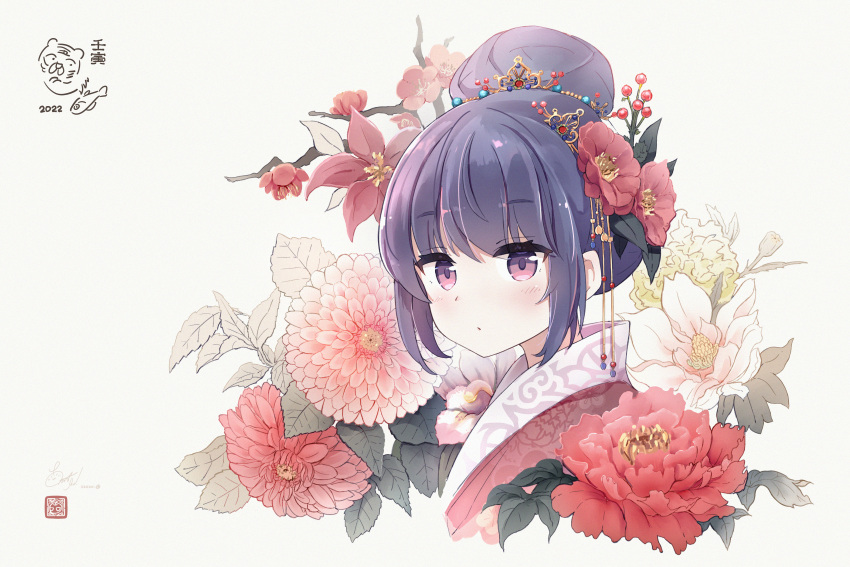 1girl 2022 absurdres bangs cropped_torso dark_blue_hair flower hair_bun hair_flower hair_ornament highres i-tsd leaf looking_at_viewer purple_eyes shima_rin short_hair signature simple_background solo yurucamp