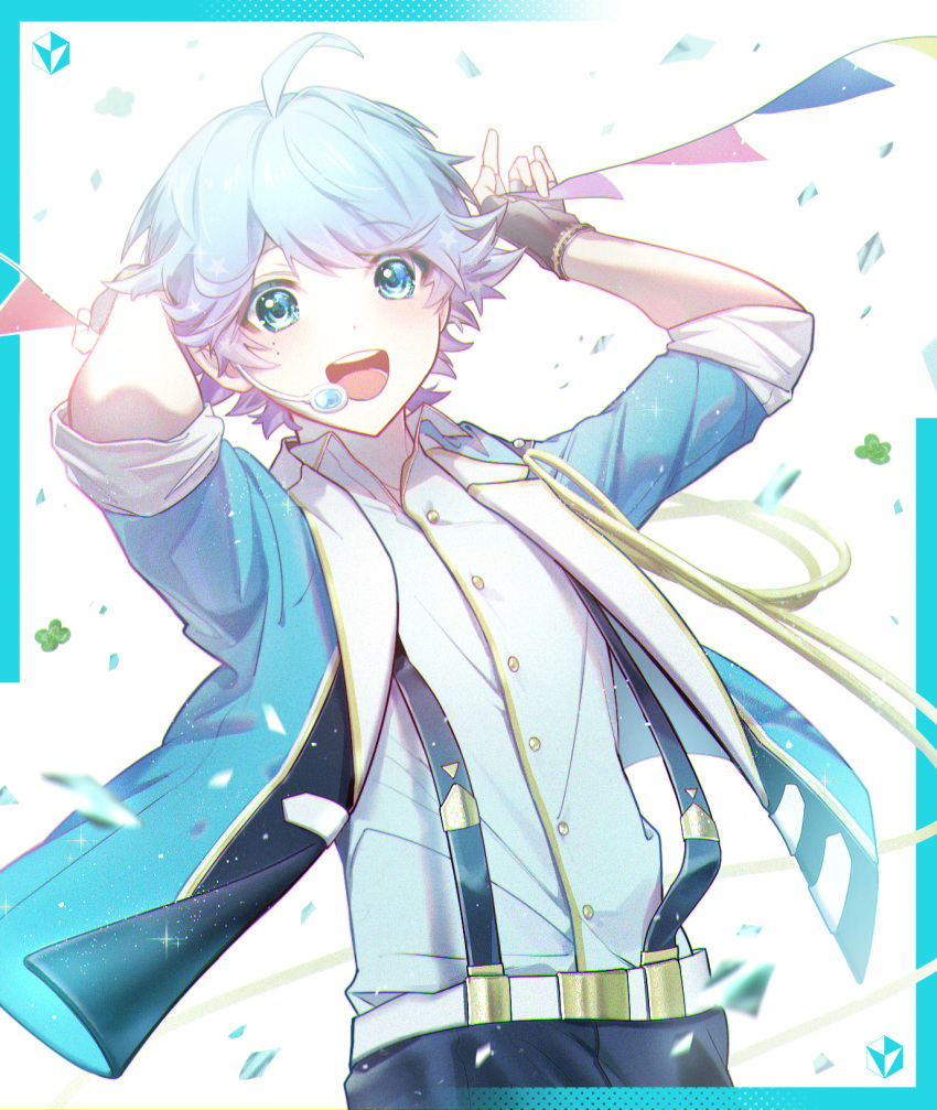 1boy ahoge arms_up bangs blue_eyes blue_hair blue_jacket character_request fingerless_gloves gloves highres ireisu jacket looking_at_viewer male_focus open_mouth pants pi_pa shirt short_hair smile solo suspenders teeth upper_body upper_teeth utaite_(singer) white_shirt