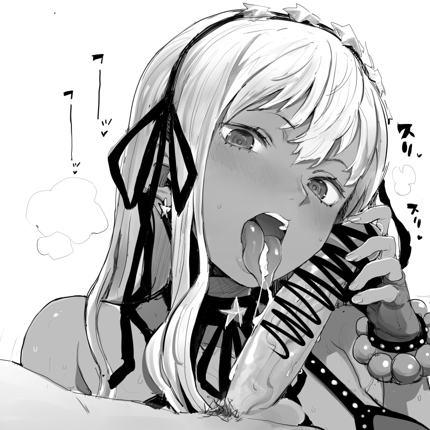 1girl absurdres after_fellatio bare_shoulders bb_(fate) bb_(swimsuit_mooncancer)_(fate) bb_(swimsuit_mooncancer)_(second_ascension)_(fate) blush bracelet commentary cum cum_in_mouth cum_on_tongue cum_string earrings fate/grand_order fate_(series) fingerless_gloves gloves greyscale hair_ornament hair_ribbon hand_on_another's_penis heart highres jewelry long_hair looking_at_viewer mik_yanase monochrome open_mouth penis ribbon solo_focus star_(symbol) star_earrings star_hair_ornament sweat tongue tongue_out