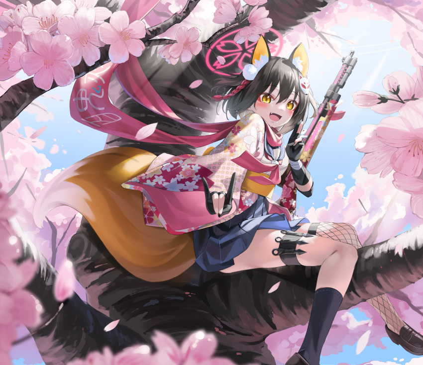 1girl absurdres animal_ears blue_archive braid brown_hair cherry_blossoms fishnet_legwear fishnets fox_ears fox_girl fox_hair_ornament fox_shadow_puppet fox_tail gloves gun halo highres in_tree izuna_(blue_archive) japanese_clothes kimyo kunai loafers partially_fingerless_gloves pink_scarf scarf school_uniform serafuku shoes short_hair single_thighhigh sitting sitting_in_tree submachine_gun tail thighhighs tree type_100 weapon white_serafuku yellow_eyes