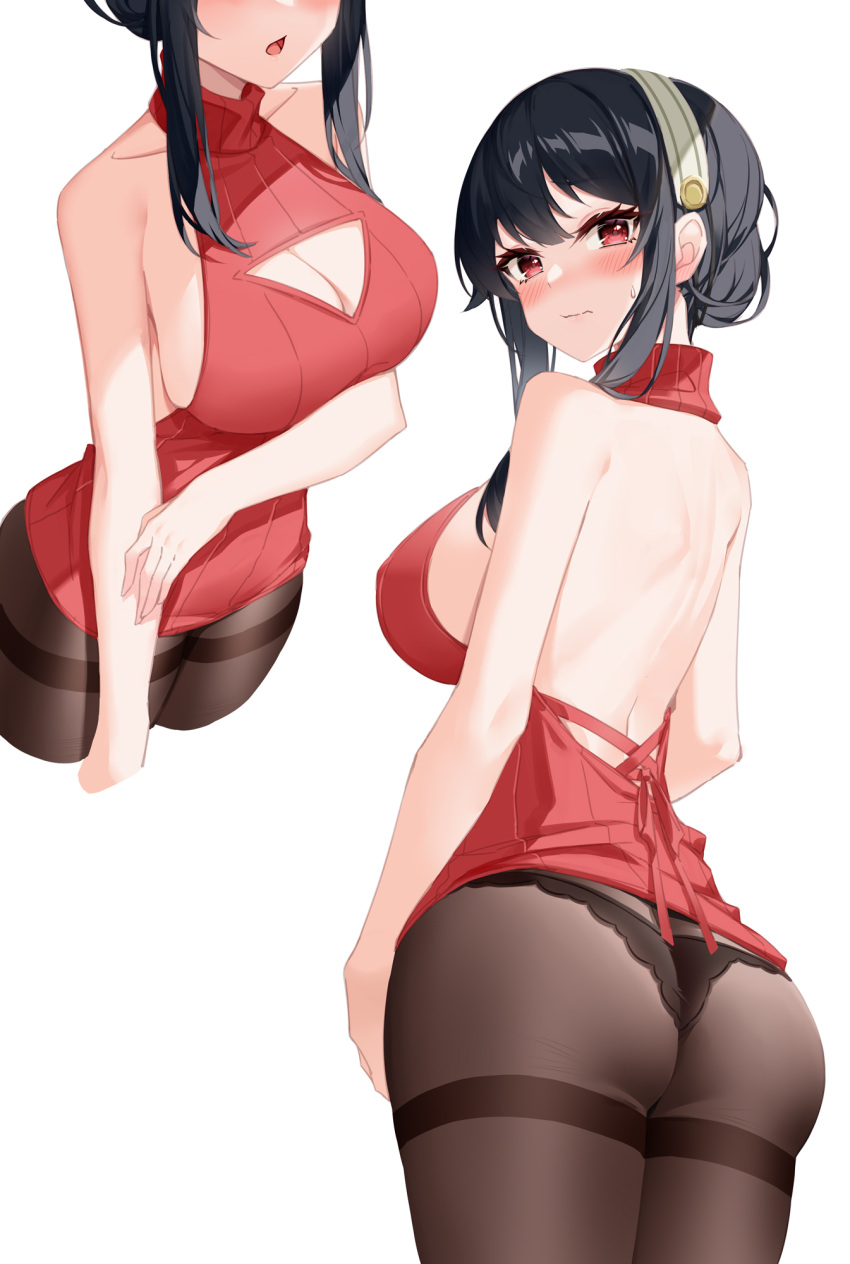 adapted_costume ass back backless_outfit bare_shoulders black_legwear black_panties blush breasts cleavage cleavage_cutout closed_mouth clothing_cutout from_behind grey_hairband hairband head_out_of_frame highres large_breasts looking_at_viewer meme_attire open_mouth panties panties_under_pantyhose pantyhose red_eyes red_sweater short_hair_with_long_locks sideboob sidelocks simple_background sleeveless sleeveless_turtleneck spy_x_family sweater thighband_pantyhose turtleneck turtleneck_sweater underwear virgin_killer_sweater white_background yor_briar yuxian_youka