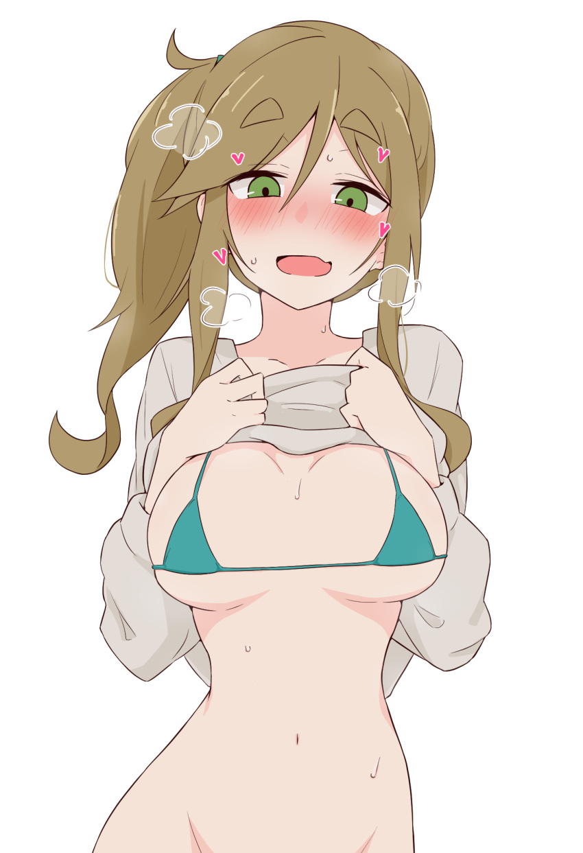 1girl ame_(amechan17391739) bikini bikini_top_only bikini_under_clothes blush breasts clothes_lift full-face_blush green_bikini green_eyes groin heart highres inuyama_aoi lifted_by_self light_brown_hair looking_down medium_breasts out-of-frame_censoring shirt_lift side_ponytail simple_background solo steam swimsuit thick_eyebrows thighhighs white_background yurucamp