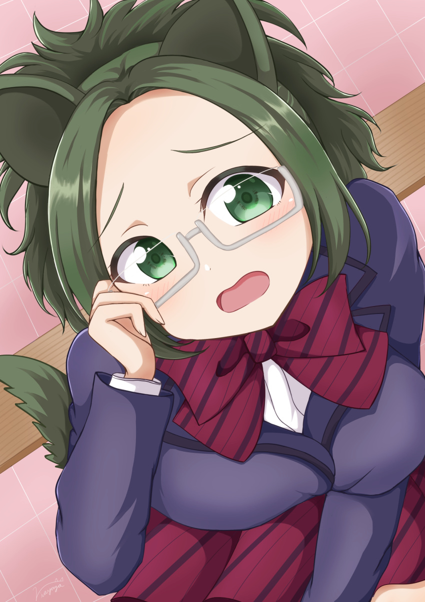 agari_himiko animal_ears ariria_(nanayuri) breasts glowing green_eyes green_hair highres holding holding_eyewear itan_private_high_school_uniform komi-san_wa_komyushou_desu large_breasts looking_at_viewer open_mouth school_uniform tail