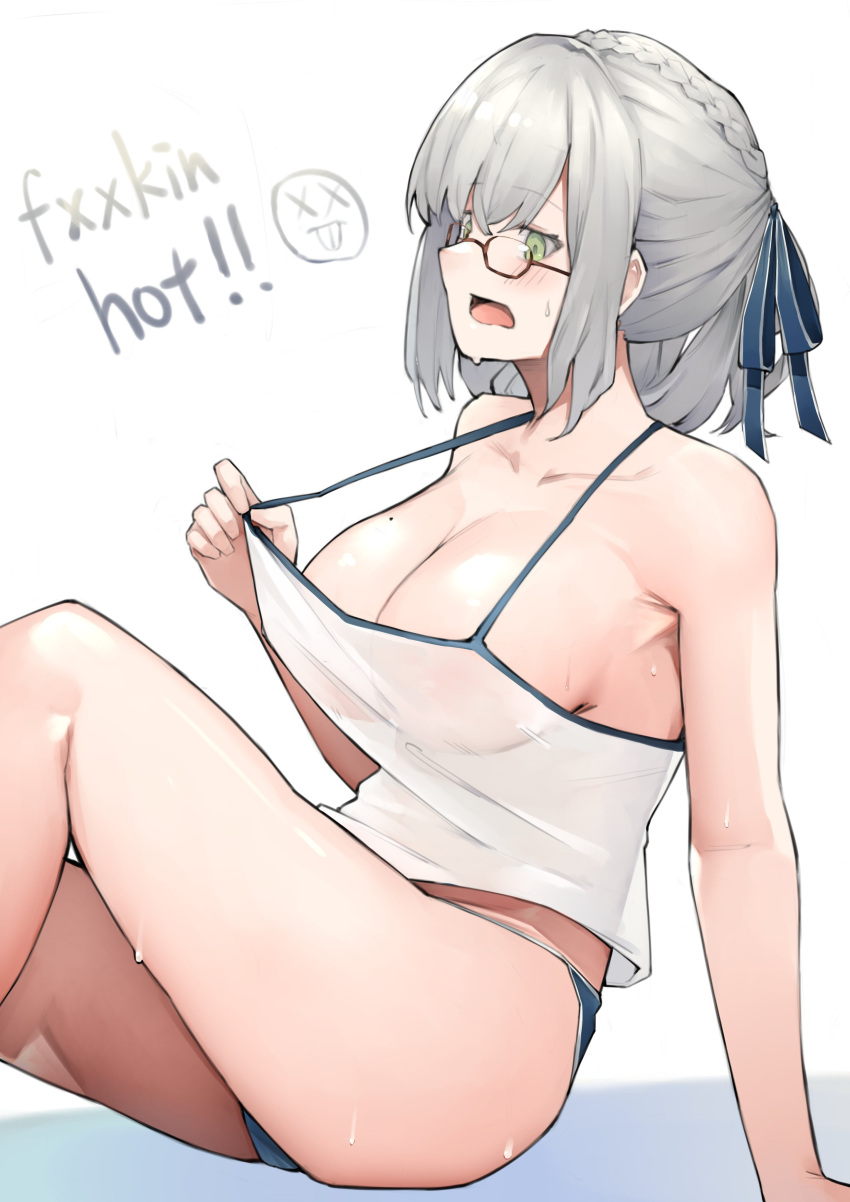 1girl absurdres blue_shorts braid breasts censored_text glasses green_eyes hair_ribbon highres hololive large_breasts profanity ribbon seino_(sasakike1305) shirogane_noel short_shorts shorts sitting spaghetti_strap summer sweat sweatdrop tank_top thighs