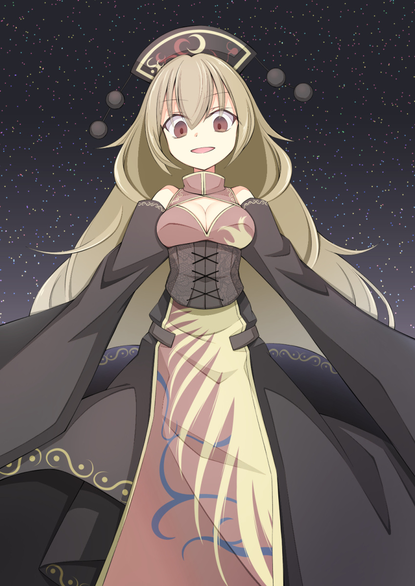 1girl alternate_hair_color bangs bare_shoulders black_sky breasts brown_hair chinese_clothes cleavage commentary_request corset crescent detached_sleeves dress eyebrows_visible_through_hair eyes_visible_through_hair gradient gradient_sky grey_dress grey_headwear grey_sky hair_between_eyes hat highres junko_(touhou) light_brown_hair long_hair long_sleeves looking_at_viewer medium_breasts night night_sky open_mouth phoenix_crown pom_pom_(clothes) red_eyes sky smile solo standing star_(sky) starry_sky tabard touhou user_cwdv2523 wide_sleeves