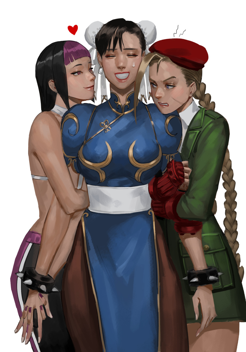 3girls absurdres angry arm_hug bbubbubbobbo123 black_hair blonde_hair bracelet braid bun_cover cammy_white chinese_clothes chun-li coat double_bun girl_sandwich green_coat hair_bun han_juri heart highres holding_hands interlocked_fingers jewelry looking_at_another military military_uniform multiple_girls official_alternate_costume pantyhose puffy_short_sleeves puffy_sleeves sandwiched scar scar_on_cheek scar_on_face short_sleeves simple_background smile spiked_bracelet spikes street_fighter street_fighter_v sweatdrop uniform yuri