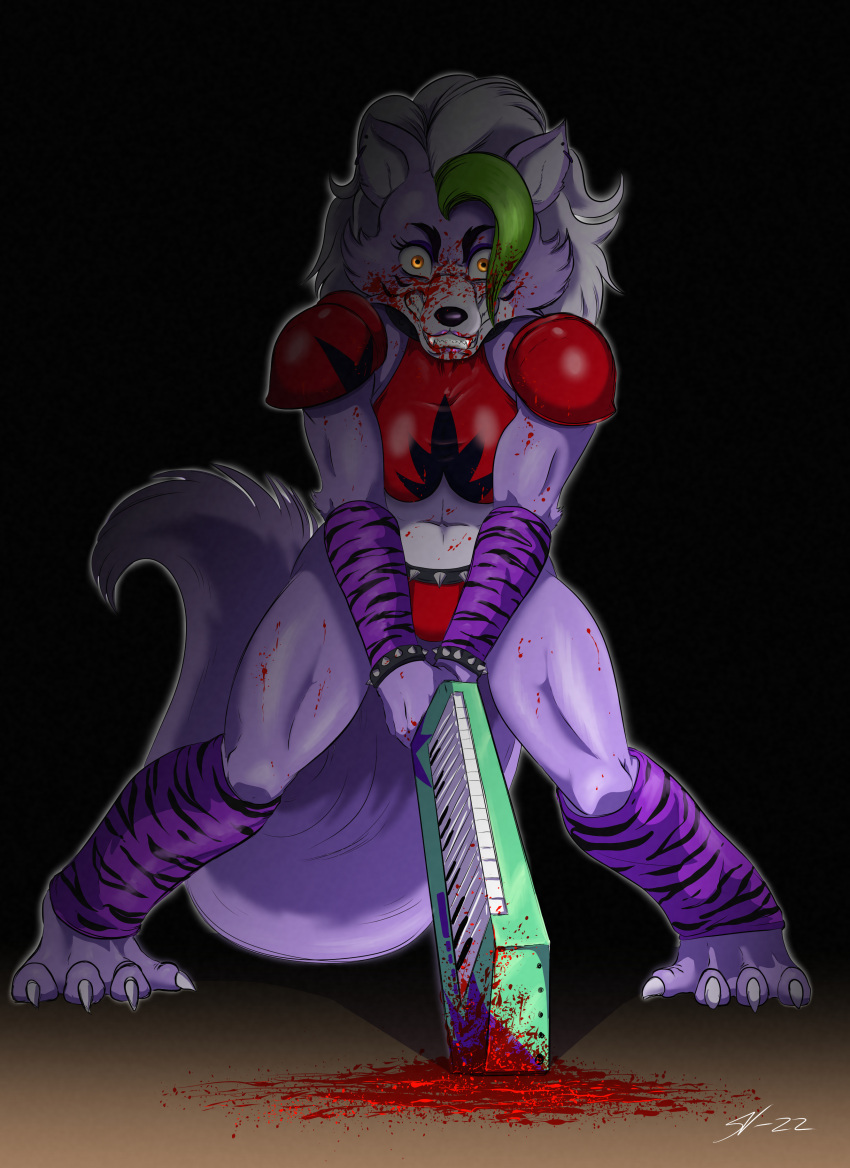 2022 absurd_res anthro blood blood_on_face bodily_fluids canid canine canis digital_media_(artwork) female five_nights_at_freddy's five_nights_at_freddy's:_security_breach green_hair hair hi_res insane insane_eyes keyboard_instrument keytar mammal musical_instrument roxanne_wolf_(fnaf) scottgames solo souleatersaku90 video_games wolf yellow_eyes