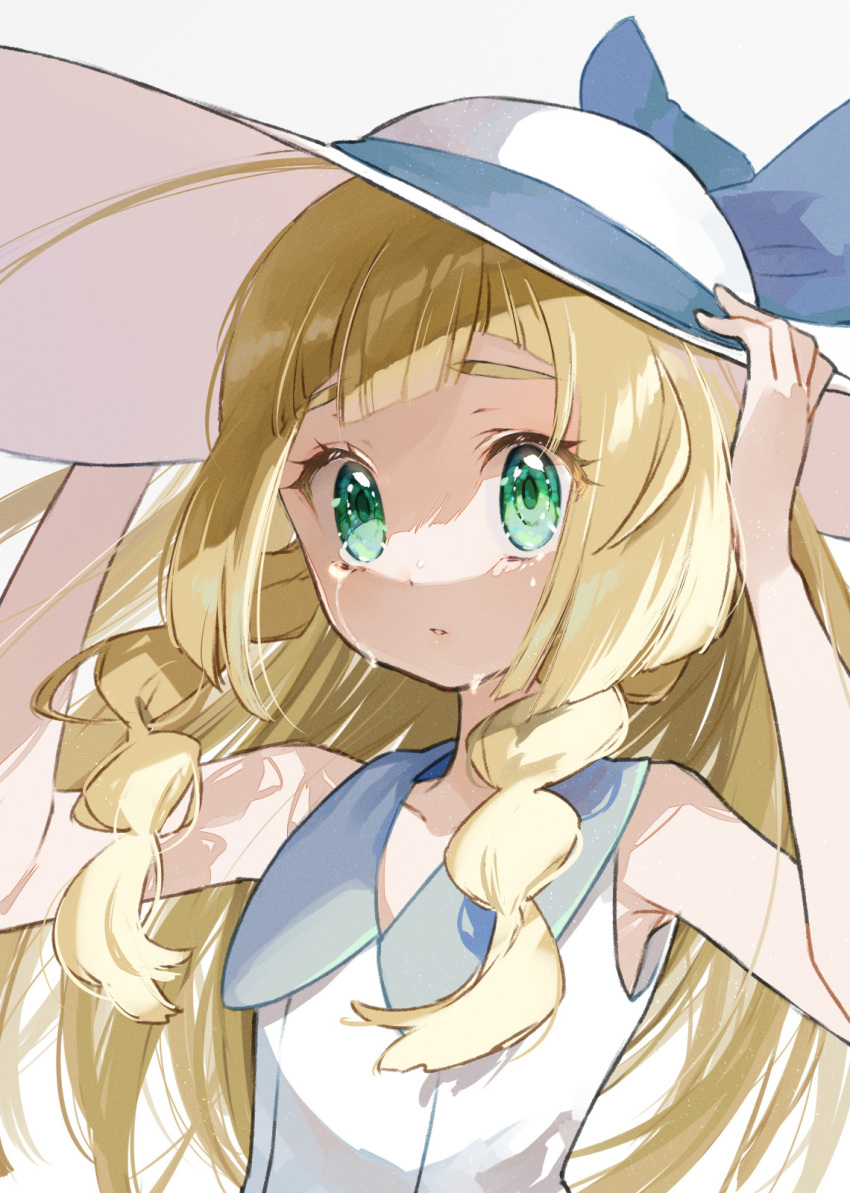 1girl bangs blonde_hair blue_ribbon blunt_bangs braid collared_dress crying dress eyelashes green_eyes hands_on_headwear hat hat_ribbon highres lillie_(pokemon) long_hair parted_lips pokemon pokemon_(game) pokemon_sm ribbon sasairebun sleeveless sleeveless_dress solo sun_hat symbol-only_commentary tears twin_braids upper_body white_dress white_headwear