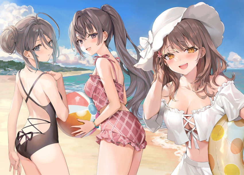 3girls ahoge arm_behind_back ass back ball bangle bangs beachball bikini black_eyes black_ribbon black_swimsuit blue_eyes blush bow bracelet breasts brown_hair cleavage cloud cowboy_shot crossed_bangs flower frilled_bikini frills front-tie_top hair_between_eyes hair_bun hair_flower hair_ornament hand_in_own_hair hat holding holding_ball holding_beachball holding_innertube innertube jewelry kimishima_ayano long_hair looking_at_viewer mariya_mikhailovna_kujou medium_breasts midriff momoko_(momopoco) multiple_girls navel ocean off-shoulder_bikini off_shoulder one-piece_swimsuit open_mouth orange_eyes outdoors parted_lips ponytail raised_eyebrows ribbon sand sidelocks sky smile suou_yuki swimsuit thighs tokidoki_bosotto_roshia-go_de_dereru_tonari_no_arya-san white_bikini white_headwear