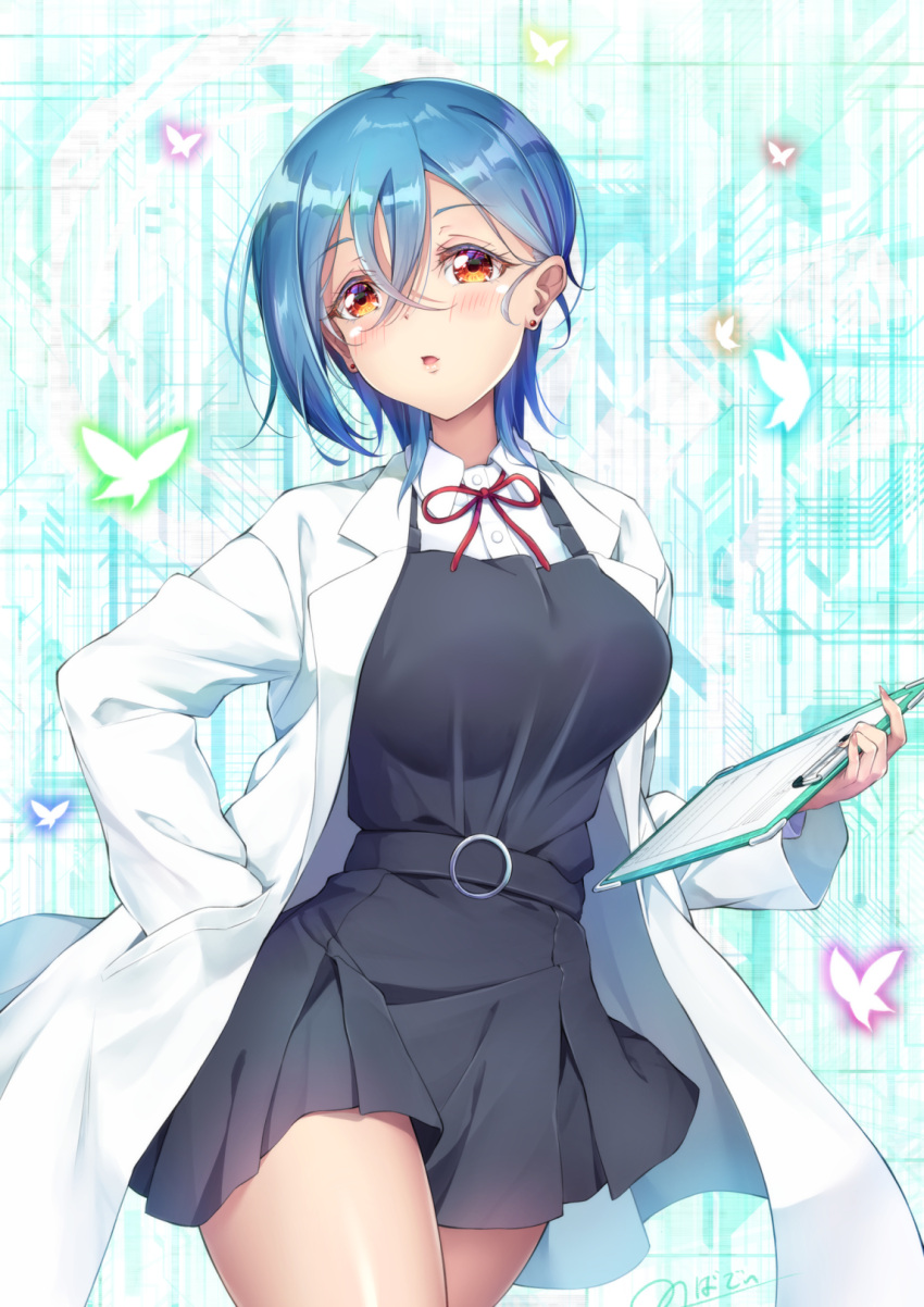 1girl bangs blue_hair blush breasts brown_eyes bug butterfly clipboard coat collared_shirt cowboy_shot dress earrings eyebrows_visible_through_hair grey_dress hair_between_eyes highres holding holding_clipboard jewelry labcoat looking_at_viewer love_live! love_live!_superstar!! medium_breasts neck_ribbon novady open_clothes open_coat open_mouth pinafore_dress red_ribbon ribbon school_uniform shirt short_hair solo wakana_shiki white_coat white_shirt yuigaoka_school_uniform