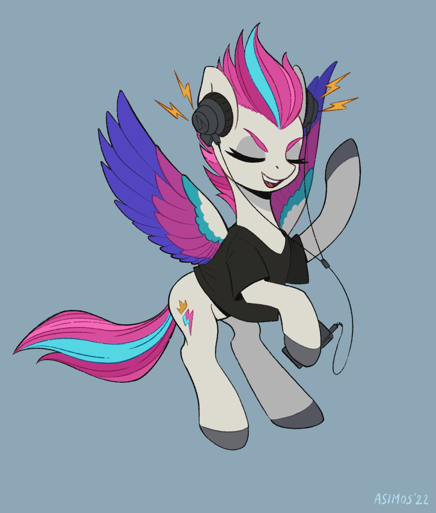 asimos blue_background clothing equid equine eyebrows eyelashes eyes_closed feathered_wings feathers female feral flying hair hasbro headphones hi_res holding_object hooves mammal mlp_g5 multicolored_wings my_little_pony open_mouth open_smile pegasus phone pink_hair pink_tail shirt simple_background smile topwear white_body wings zipp_storm_(mlp)