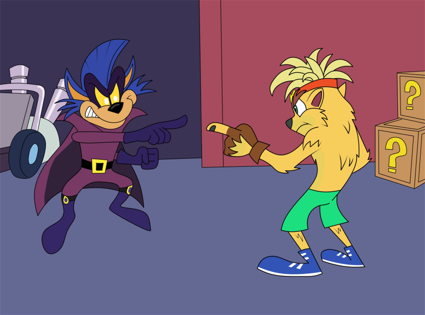 2021 4_fingers activision anthro black_nose blue_body boots clothed clothing costume crash_bandicoot_(series) duo fingerless_gloves fingers footwear fredidueye gloves green_eyes handwear hi_res looking_at_another male mammal marsupial mask meme mohawk purple_boots purple_clothing purple_footwear purple_gloves purple_handwear shoes spider-man_pointing_at_spider-man video_games vombatiform willy_wombat willy_wombat_(character) wombat yellow_sclera