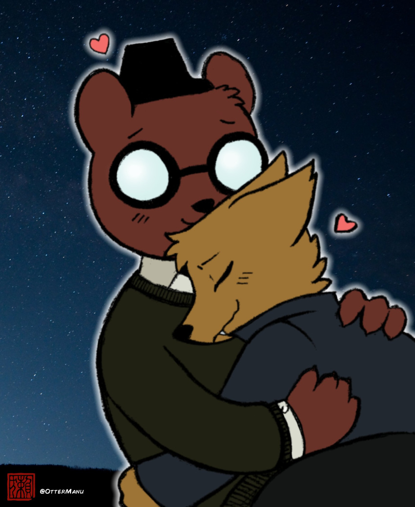 &lt;3 angus_delaney anthro blush brown_body brown_fur canid canine duo embrace eyewear fox fur glasses gregg_lee hi_res hug male male/male mammal night_in_the_woods ottermanu romantic romantic_couple sky star starry_sky ursid video_games