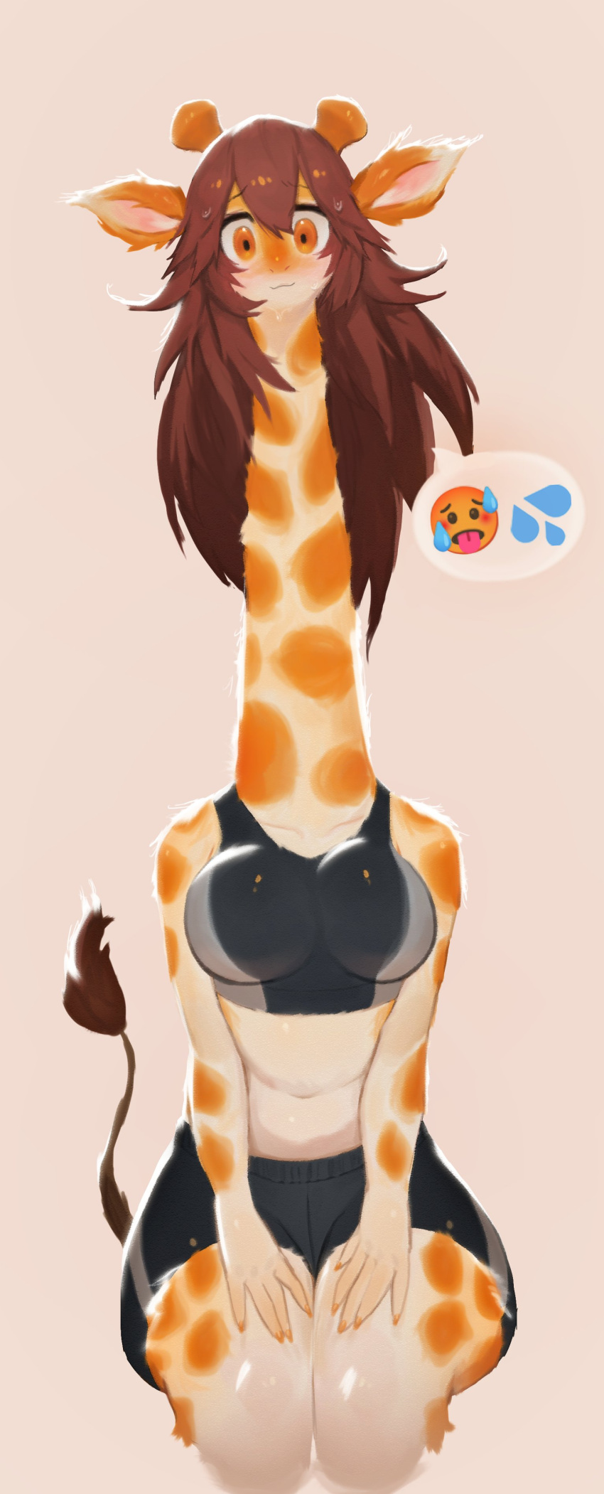 absurd_res anthro athletic_wear big_breasts blush bodily_fluids bottomwear breasts brown_hair clothed clothing crop_top digital_media_(artwork) emoji female fingers fur giraffe giraffid hair hi_res horn long_neck looking_at_viewer mammal midriff navel shirt shorts simple_background sitting smile soda_uyu solo speech_bubble spots spotted_body spotted_fur sweat tongue tongue_out topwear workout_clothing yellow_eyes