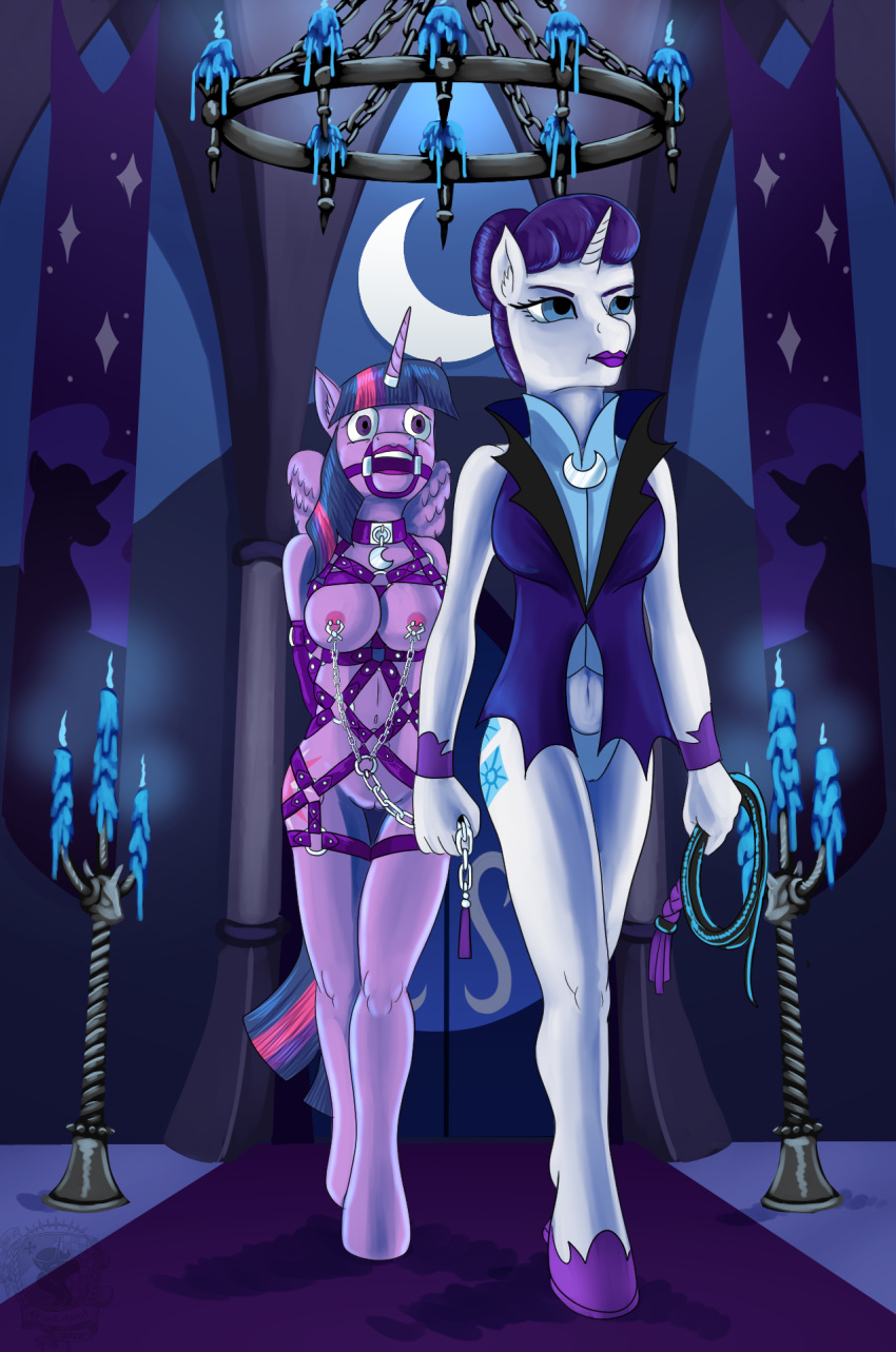 anthro big_breasts bit_gag breasts bridle candle_holder castle chandelier clothed clothed/nude clothing collar cresent_moon duo equid equine female friendship_is_magic gag genitals harness hi_res horn horn_jewelry horn_ring maid_uniform mammal my_little_pony nipple_chain nipple_clamp_pull nude pussy quakehoof rarity_(mlp) ring_(jewelry) skimpy_dress twilight_sparkle_(mlp) unicorn uniform winged_unicorn wings