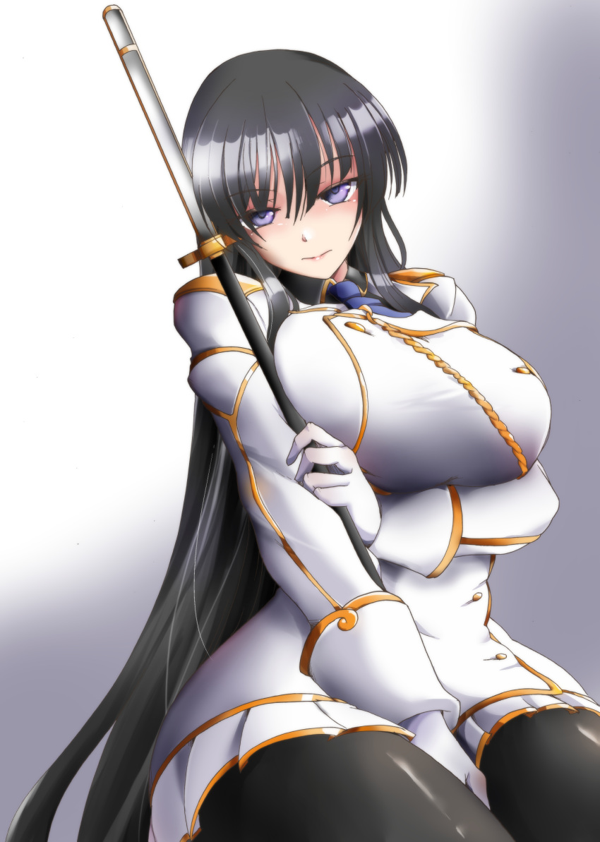 1girl aiguillette bangs black_hair black_legwear black_shirt blue_eyes blue_necktie blunt_bangs breasts epaulettes gold_trim highres ikaruga_(senran_kagura) large_breasts long_hair looking_at_viewer military military_uniform necktie ootachi pantyhose senran_kagura shirt solo suga_leon uniform very_long_hair white_uniform