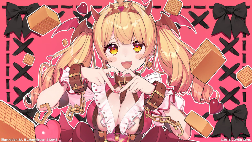 1girl absurdres bangs bat_hair_ornament belt blonde_hair breasts cleavage collar commentary_request company_name earrings eyebrows_visible_through_hair fingernails food frills hair_ornament heart heart_hands highres hololive jewelry large_breasts long_hair looking_at_viewer nail_polish open_mouth oshiruko_(oshiruco_212048) pink_nails solo twintails twitter_username virtual_youtuber yellow_eyes yozora_mel