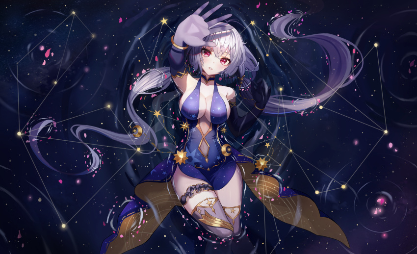1girl bangs breasts cleavage dress elbow_gloves from_above gloves hand_up highres large_breasts long_hair looking_at_viewer original parted_lips partially_submerged petals poise purple_hair red_eyes sleeveless sleeveless_dress solo thighhighs very_long_hair