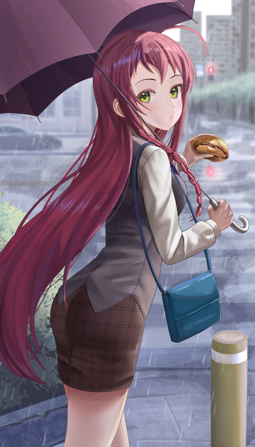 1girl absurdres ahoge ass bag blush braid breasts burger car closed_mouth commentary_request crosswalk eating english_commentary food green_eyes ground_vehicle handbag hataraku_maou-sama! highres holding holding_food long_hair long_sleeves looking_at_viewer looking_back mixed-language_commentary motor_vehicle outdoors pencil_skirt rain red_hair shirt silvertsuki single_braid skirt solo traffic_light very_long_hair vest yusa_emi