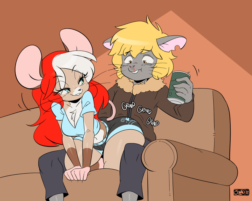 2022 anthro bedroom_eyes blonde_hair blood bodily_fluids breasts buckteeth butt cleavage clothed clothing dominant dominant_female duo female fully_clothed furniture grin grinding hair hi_res jacket joaoppereiraus male male/female mammal mouse murid murine narrowed_eyes nosebleed on_lap rat rodent rubbing seductive sitting sitting_on_lap smile sofa submissive submissive_male suggestive teasing teeth text thick_thighs topwear waylon_(thecosmicwolf33)