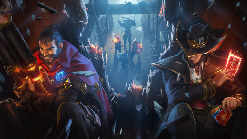 2022 2boys against_wall beard brown_hair cape card coat collared_shirt destroyed facial_hair fighting fire gauntlets glowing graves_(league_of_legends) gun hat highres hugolam league_of_legends male_focus mature_male messy_hair mitchmalloy monster_boy multiple_boys official_art pants room rope rune shirt sitting smile tmhlaba twisted_fate universe water weapon