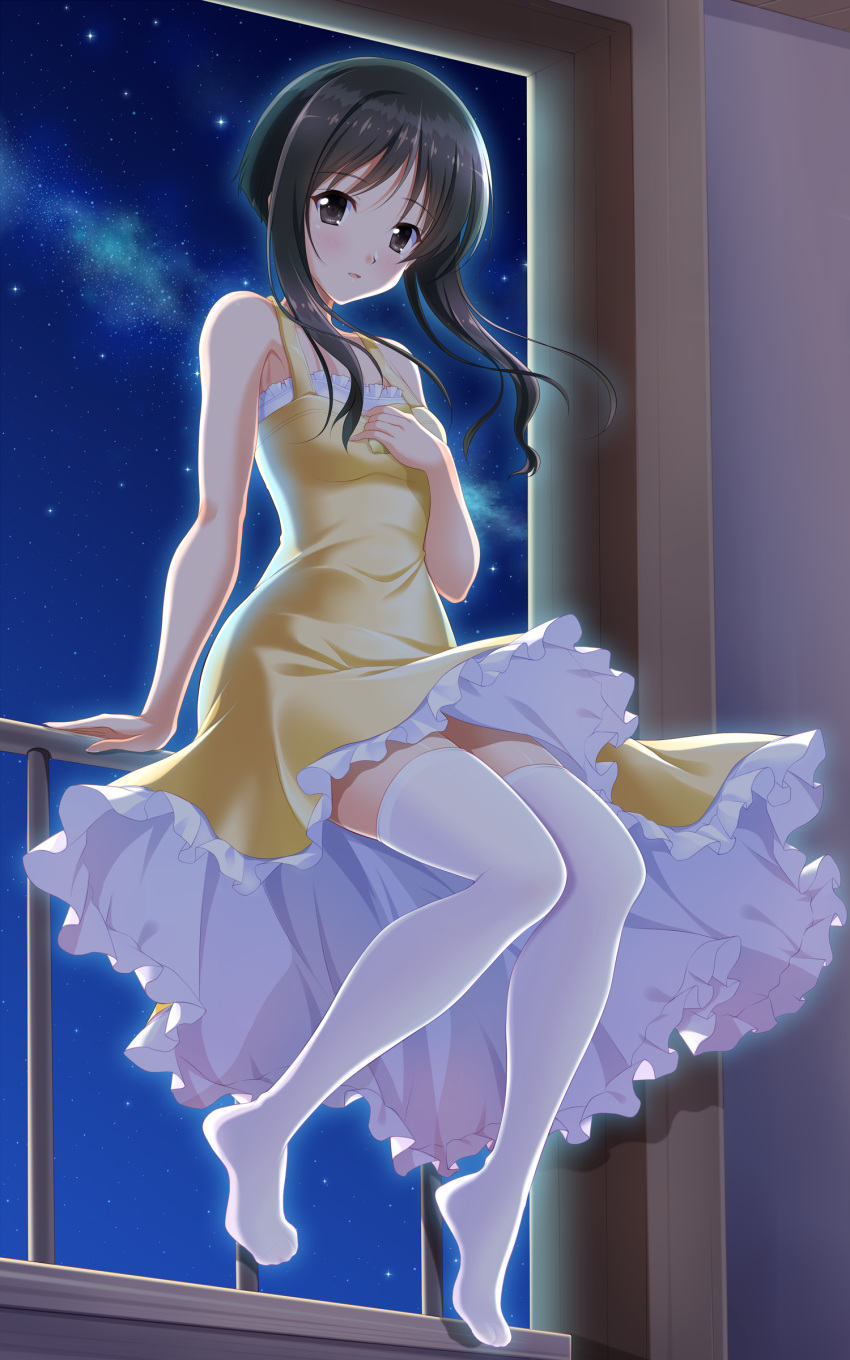 1girl absurdres arm_support bangs bare_arms bare_shoulders bashen_chenyue black_eyes black_hair blush breasts dress eyebrows_visible_through_hair frilled_dress frills full_body hand_up highres indoors long_hair looking_at_viewer memories_off night night_sky no_shoes parted_lips railing sitting sky sleeveless sleeveless_dress small_breasts smile solo star_(sky) starry_sky thighhighs white_legwear window yellow_dress