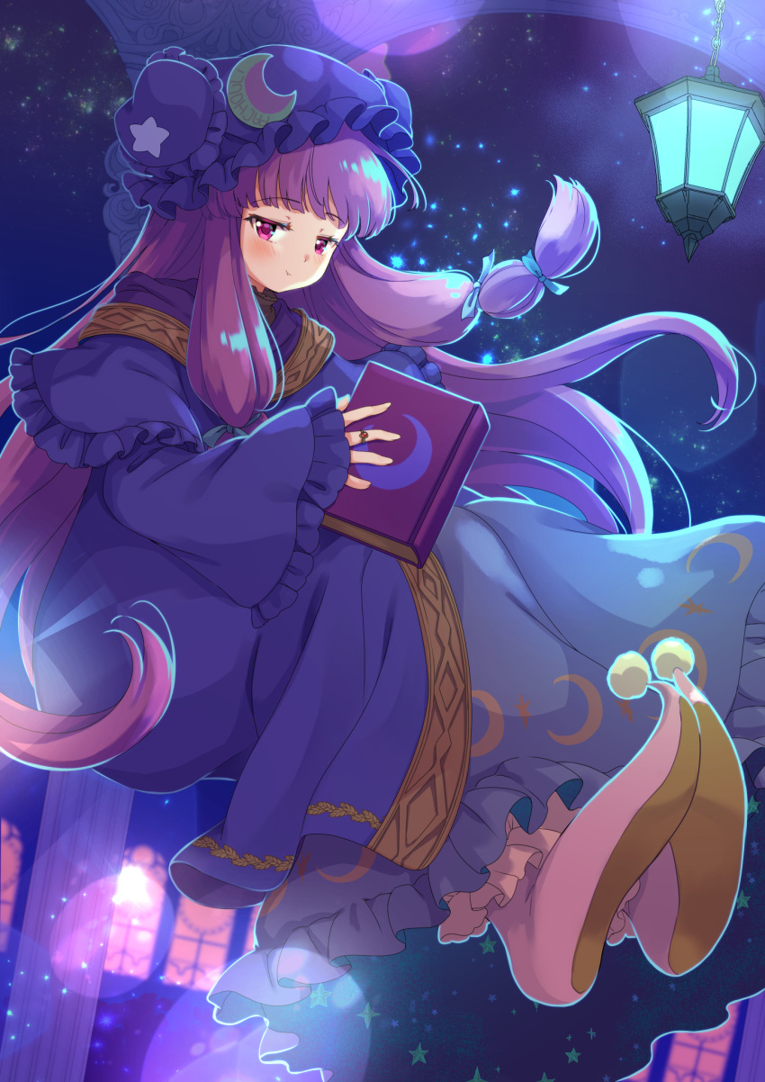 1girl :t book crescent crescent_hat_ornament dress floating half-closed_eyes hat hat_ornament highres holding holding_book indoors iris_anemone jitome lamp light_particles long_hair long_sleeves looking_at_viewer mob_cap night night_sky patchouli_knowledge pointy_footwear purple_eyes purple_hair sky solo star_(sky) star_(symbol) starry_sky touhou very_long_hair
