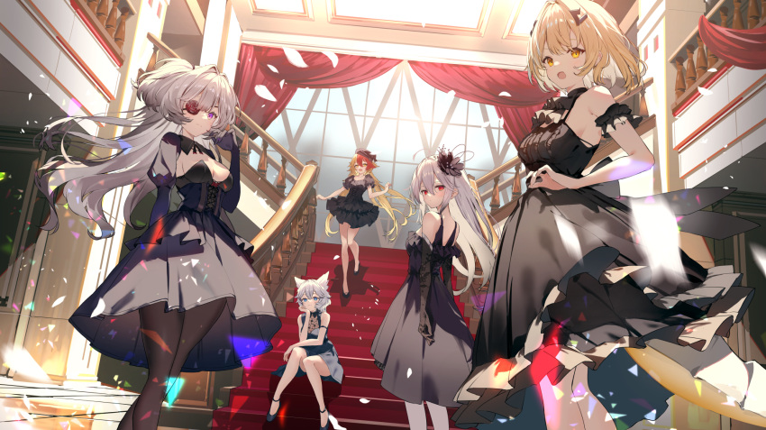 5girls alchemy_stars alternate_costume arm_at_side arm_garter bangs bare_arms bare_shoulders black_dress black_gloves black_headwear black_legwear blonde_hair blue_eyes blush breasts cleavage closed_mouth curtains dress eicy_(alchemy_stars) elbow_gloves eyepatch flower gloves grey_hair gronru_(alchemy_stars) hair_flower hair_intakes hair_ornament hand_on_own_chin hand_up hat high_heels highres indoors jabot lace lace_gloves looking_at_viewer looking_back medium_breasts multicolored_hair multiple_girls open_mouth pantyhose philyshy_(alchemy_stars) puffy_short_sleeves puffy_sleeves purple_eyes red_eyes red_hair short_hair short_sleeves shrug_(clothing) sitting sleeveless sleeveless_dress smile stairs standing strapless strapless_dress strappy_heels sutorora tail twintails two-tone_hair uriel_(alchemy_stars) vice_(alchemy_stars) window yellow_eyes