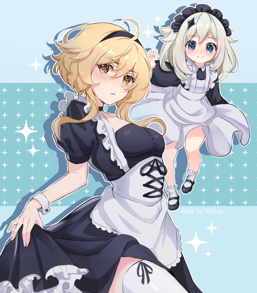 2girls :&lt; ahoge alternate_costume artist_name bangs black_hairband blonde_hair blue_eyes blush breasts closed_mouth commentary enmaided frills genshin_impact hair_ornament hairband highres large_breasts long_sleeves looking_at_viewer lumine_(genshin_impact) maid maid_headdress mechanical_halo mihan77108047 multiple_girls paimon_(genshin_impact) puffy_short_sleeves puffy_sleeves short_hair_with_long_locks short_sleeves smile star_(symbol) star_hair_ornament thighhighs white_legwear wrist_cuffs yellow_eyes