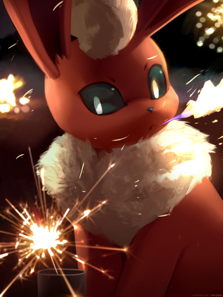 ancesra animal_focus artist_name backlighting black_sclera blurry blurry_background breathing_fire colored_sclera commentary english_commentary fire fireworks flareon fur_collar highres looking_down night no_humans open_mouth outdoors patreon_username pokemon pokemon_(creature) short_hair solo sparkler upper_body watermark web_address white_eyes white_hair