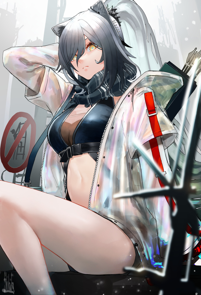 1girl absurdres animal_ears arknights arm_up arrow_(projectile) bangs bare_legs black_scarf breasts cat_ears commentary crop_top feet_out_of_frame grey_hair hair_between_eyes highres jacket long_hair long_sleeves looking_at_viewer medium_breasts midriff navel open_clothes open_jacket ponytail quiver scarf schwarz_(arknights) sitting solo stomach thighs tokishima_sikuka very_long_hair white_jacket yellow_eyes