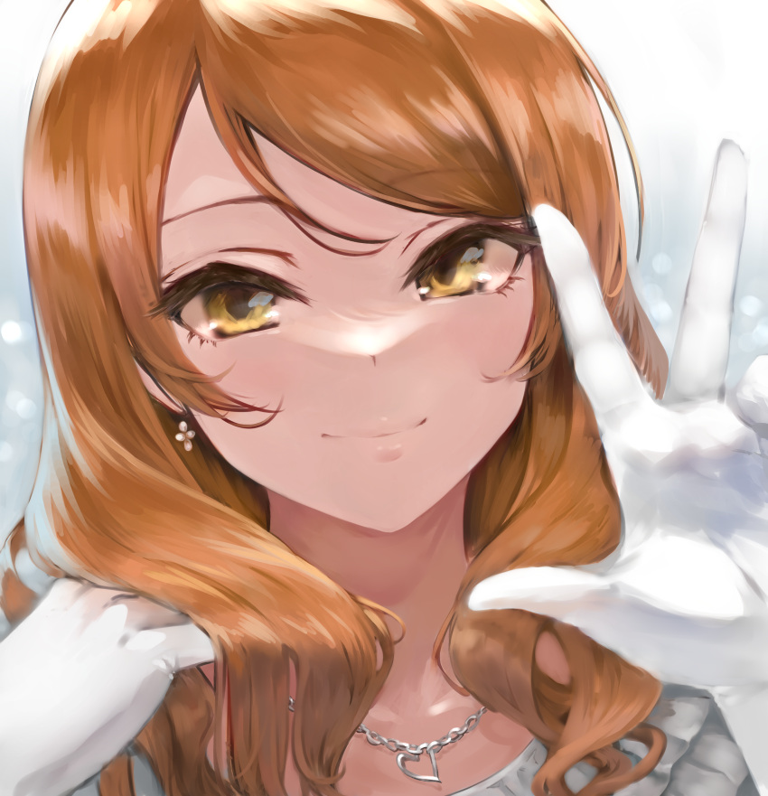 1girl absurdres brown_eyes brown_hair earrings face gloves heart heart_necklace highres hojo_karen idolmaster idolmaster_cinderella_girls jewelry lamp_p9 looking_at_viewer medium_hair necklace smile solo upper_body white_gloves