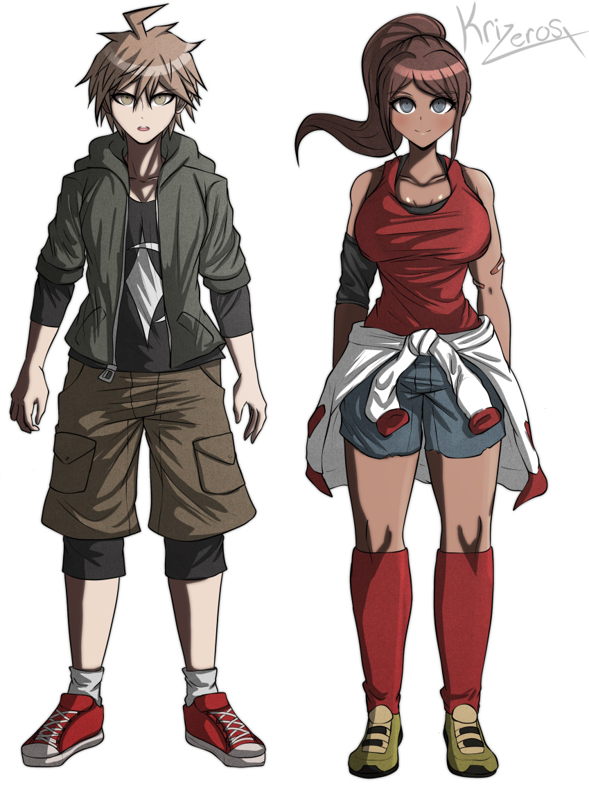 1boy 1girl absurdres ahoge alternate_costume artist_name asahina_aoi bandaid black_legwear black_shirt cargo_shorts clothes_around_waist danganronpa:_trigger_happy_havoc danganronpa_(series) dark-skinned_female dark_skin full_body futurexhope highres hood hoodie long_hair looking_at_viewer naegi_makoto older ponytail red_legwear shirt shoes shorts sneakers socks