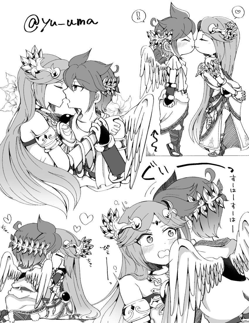 ! 1boy 1girl angel angel_wings armband armlet arms_behind_back bare_shoulders blush eyebrows_visible_through_hair face-to-face face_grab flower forehead_jewel hair_ornament hand_on_another's_cheek hand_on_another's_face heart hetero highres imminent_kiss jewelry kid_icarus kid_icarus_uprising kiss laurel_crown long_hair multiple_views palutena pit_(kid_icarus) smile tiptoes wings yu_makoto_(yu_uma)