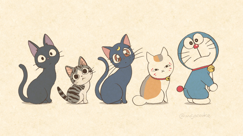 &lt;o&gt;_&lt;o&gt; :3 animal animal_focus bell bishoujo_senshi_sailor_moon black_cat black_eyes cat chi's_sweet_home chi_(character) closed_mouth crescent crossover doraemon doraemon_(character) from_side full_body jiji_(majo_no_takkyuubin) jingle_bell kitten lineup looking_at_viewer luna_(sailor_moon) majo_no_takkyuubin mojacookie multiple_crossover natsume_yuujinchou nyanko red_eyes robot sitting standing symbol-only_commentary trait_connection twitter_username yellow_background
