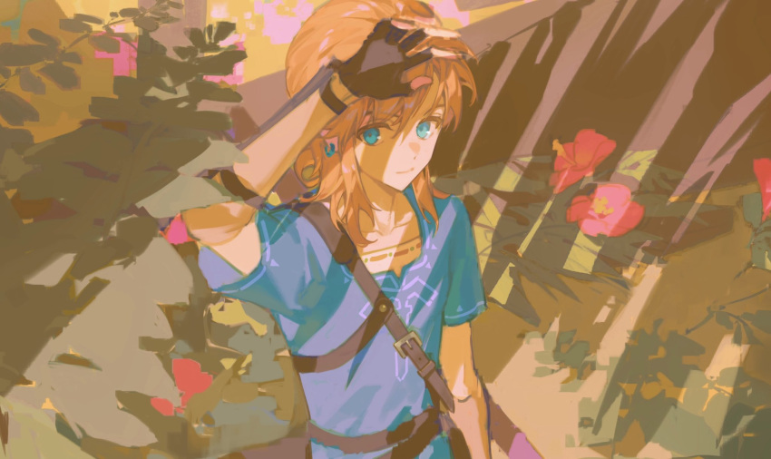 1boy arm_guards belt blonde_hair blue_eyes blue_tunic earrings fingerless_gloves flower gloves hair_between_eyes hand_up highres jewelry leaf libuqilai link medium_hair pink_flower plant short_sleeves solo the_legend_of_zelda the_legend_of_zelda:_breath_of_the_wild upper_body