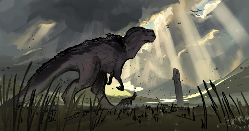 2022 256:135 ambiguous_gender day detailed_background digital_media_(artwork) dinosaur duo feral outside reptile scalie sky standing themefinland