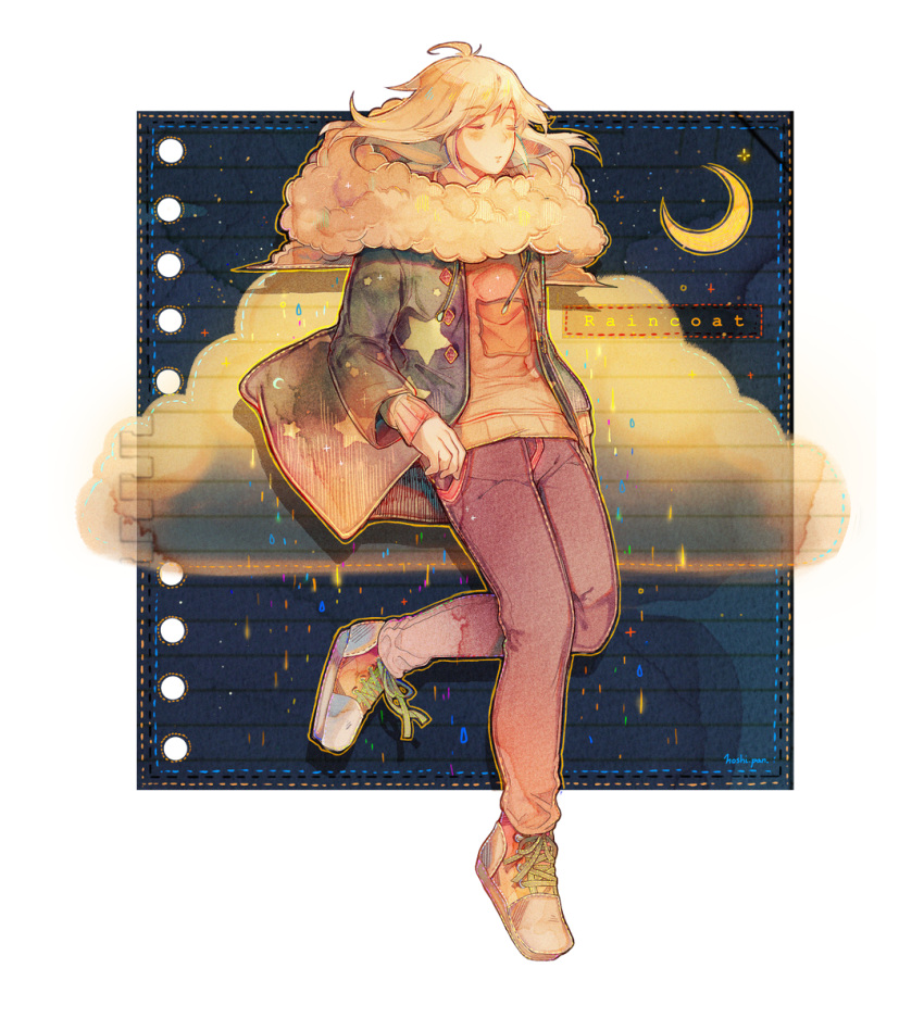 1boy ahoge bangs blonde_hair blush closed_eyes cloud crescent_moon denim english_text fur_collar hoshi-pan jacket jeans layered_clothes long_sleeves male_focus medium_hair moon night night_sky notepad original pants parted_lips rain raincoat shoes sky sneakers solo standing standing_on_one_leg star_(sky) star_(symbol) star_print starry_sky sweater