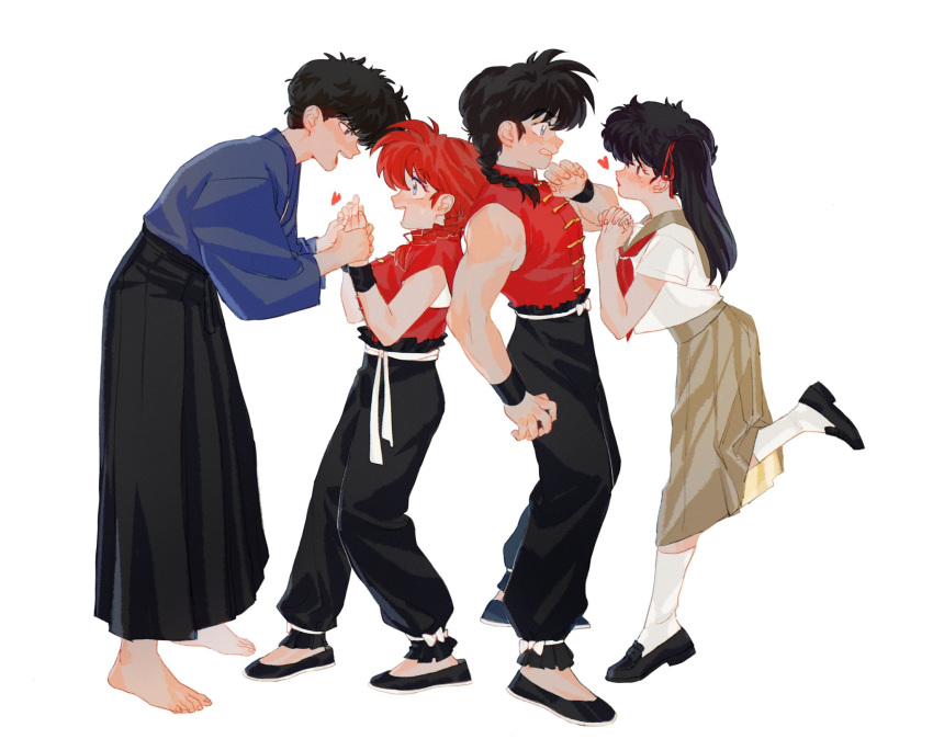 2boys 2girls barefoot black_footwear black_hair brother_and_sister feet heart highres kunou_kodachi kunou_tatewaki multiple_boys multiple_girls open_mouth ranma-chan ranma_1/2 red_hair saotome_ranma siblings simple_background skirt white_background yuigacyako