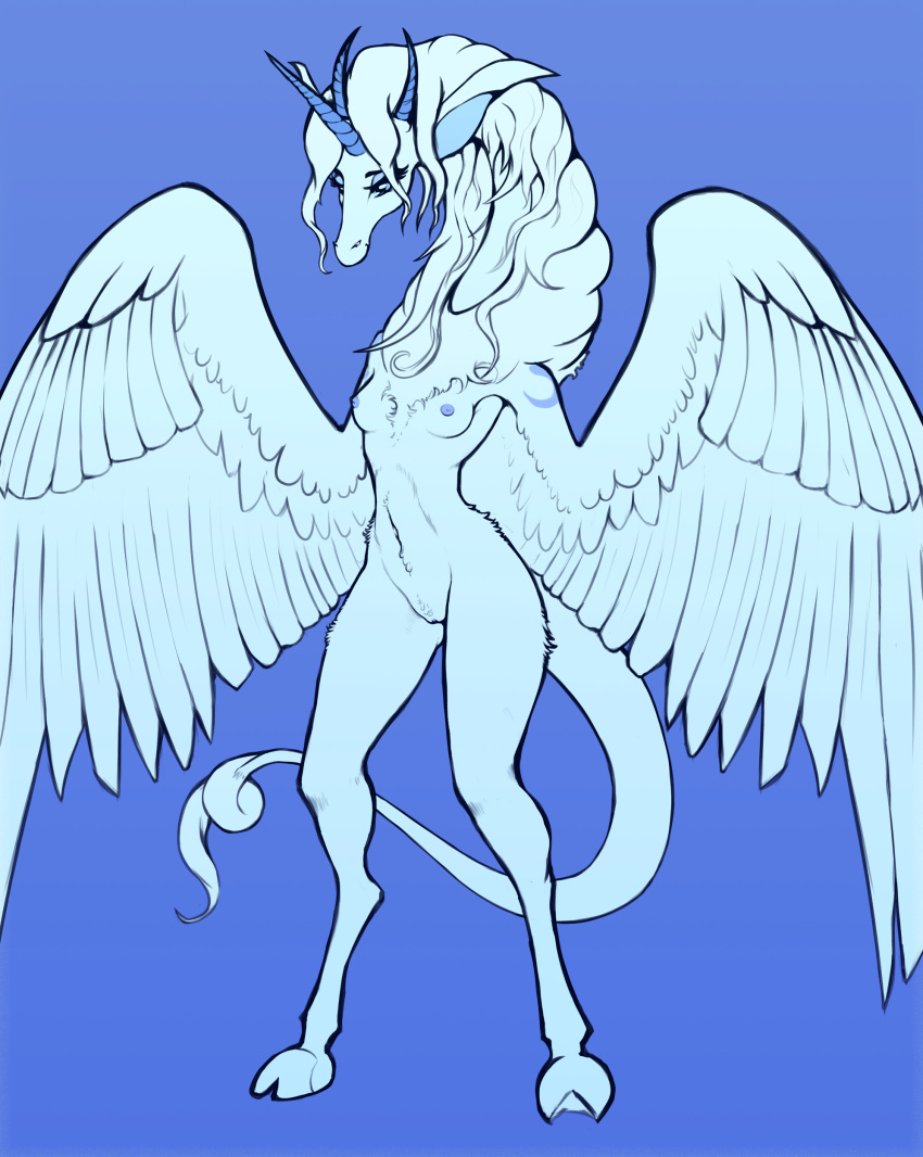 absurd_res anthro blue_eyes breasts curled_hair curled_horns equid equine feathers female forehead_horn fur genitals giraffe giraffid hair hi_res hooves horn hybrid mammal mane mane_hair neck_tuft nude pegasus pussy simple_background solo tail_tuft tuft white_body white_fur winged_arms wings xzorgothoth