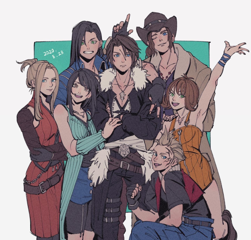 3girls 4boys arm_up arm_warmers bangs belt black_jacket black_pants black_shorts blonde_hair blue_dress blue_eyes blue_jacket blue_pants boots bracelet breasts brown_dress brown_eyes brown_pants cowboy_hat cropped_jacket crossed_arms detached_sleeves dress earrings facial_tattoo fang father_and_son final_fantasy final_fantasy_viii fingerless_gloves fur_collar fur_trim gloves green_background green_eyes grin hair_between_eyes hair_up hat highres holding_another's_arm irvine_kinneas jacket jewelry laguna_loire leather leather_jacket long_coat long_sleeves medium_breasts medium_hair mohawk multiple_belts multiple_boys multiple_girls necklace oimo_(oimkimn) one_eye_closed open_mouth pants parted_bangs parted_lips pointing pointing_up quistis_trepe rinoa_heartilly scar scar_on_face selphie_tilmitt shirt short_hair short_sleeves shorts single_earring sleeveless sleeveless_dress smile squall_leonhart straight_hair tattoo teeth thigh_strap upper_body upper_teeth wavy_hair white_shirt yellow_overalls zell_dincht