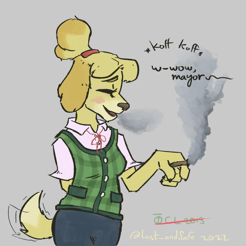 2022 absurd_res accessory animal_crossing anthro blush breasts canid canine canis clothed clothing coughing digital_media_(artwork) domestic_dog drugs english_text female fur hair hi_res isabelle_(animal_crossing) lost_andsafe mammal marijuana nintendo open_mouth redraw ribbons shih_tzu simple_background smoking smoking_weed solo tail_motion tailwag text topwear toy_dog video_games yellow_body yellow_fur