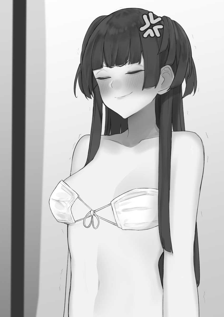 1girl absurdres anger_vein angry bangs bikini bikini_top_only blunt_bangs blush closed_mouth collarbone dera_self ear_blush full-face_blush greyscale highres idolmaster idolmaster_shiny_colors long_hair mask_bikini mayuzumi_fuyuko monochrome navel smile solo swimsuit trembling two_side_up upper_body