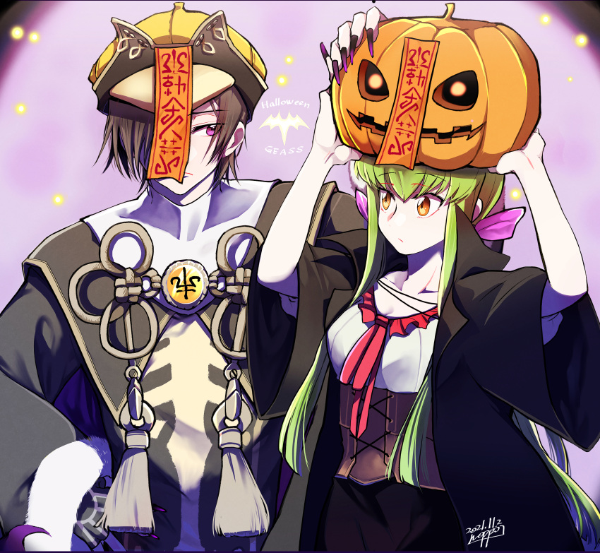 1boy 1girl absurdres bangs black_hair breasts c.c. code_geass cosplay eyebrows_visible_through_hair green_hair hand_on_hip highres jack-o'-lantern lelouch_lamperouge long_hair noppo purple_eyes purple_nails robe talisman yellow_eyes