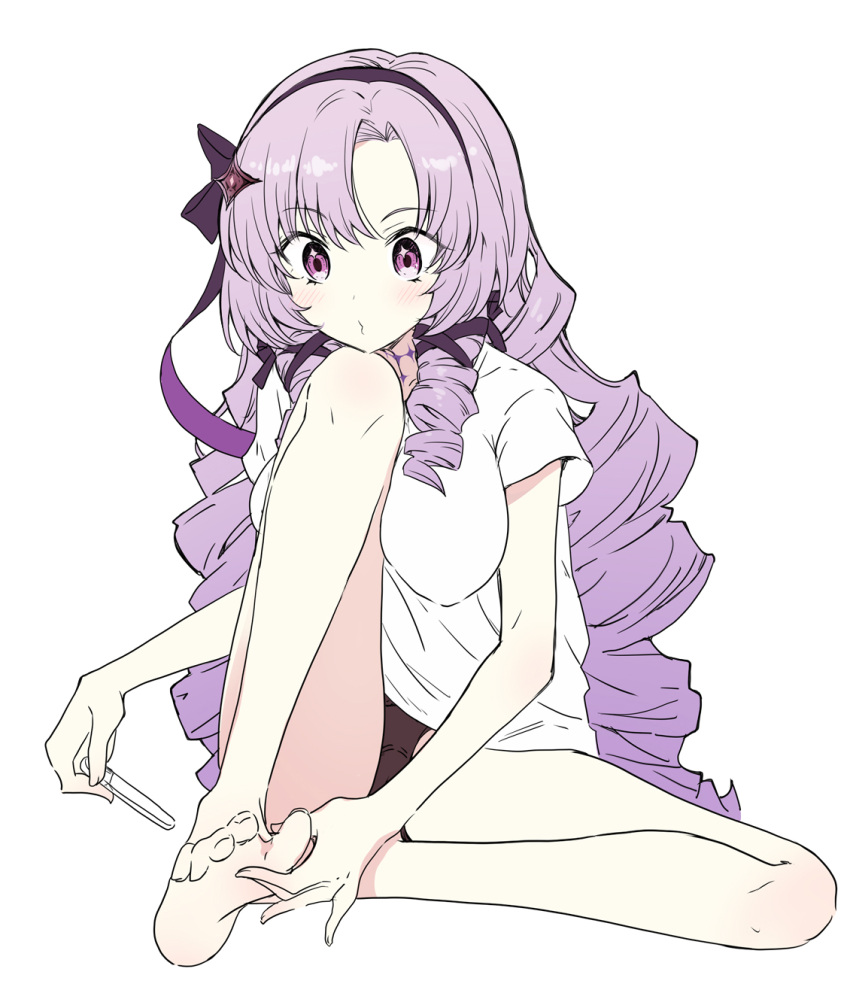 1girl bangs barefoot black_bow black_hairband black_shorts blush bow breasts drill_hair eyebrows_visible_through_hair hair_bow hairband highres hyakumantenbara_salome itamochi long_hair medium_breasts nail_file nijisanji parted_bangs purple_eyes purple_hair shirt shorts sitting soles solo very_long_hair virtual_youtuber white_background white_shirt