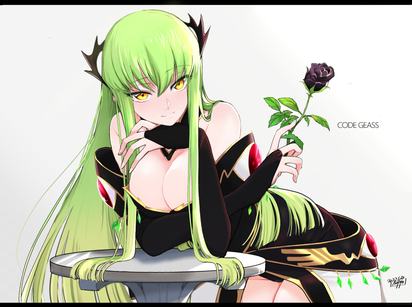 1girl bangs bare_shoulders breasts c.c. cleavage code_geass copyright_name eyebrows_visible_through_hair flower green_hair hair_ornament highres leaning_on_table long_hair looking_at_viewer noppo rose smile solo yellow_eyes