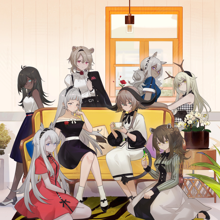 6+girls absinthe_(arknights) alternate_costume animal_ears antlers arknights bangs bare_shoulders bear_ears black_dress black_hair black_hairband black_skirt blue_eyes blue_shirt brown_hair commentary couch dark_skin dress firewatch_(arknights) firewatch_(wilted_cypress)_(arknights) flint_(arknights) flower grey_eyes grey_hair hair_over_one_eye hairband head_wings heavyrain_(arknights) high_heels highres horns indoors inuko_(redconstellation) irene_(arknights) long_hair looking_at_viewer multiple_girls off-shoulder_dress off_shoulder pallas_(arknights) red_dress red_flower red_rose robin_(arknights) rose shirt short_sleeves sitting skirt sleeveless sleeveless_shirt smile tuye_(arknights) white_shirt white_skirt window yellow_eyes